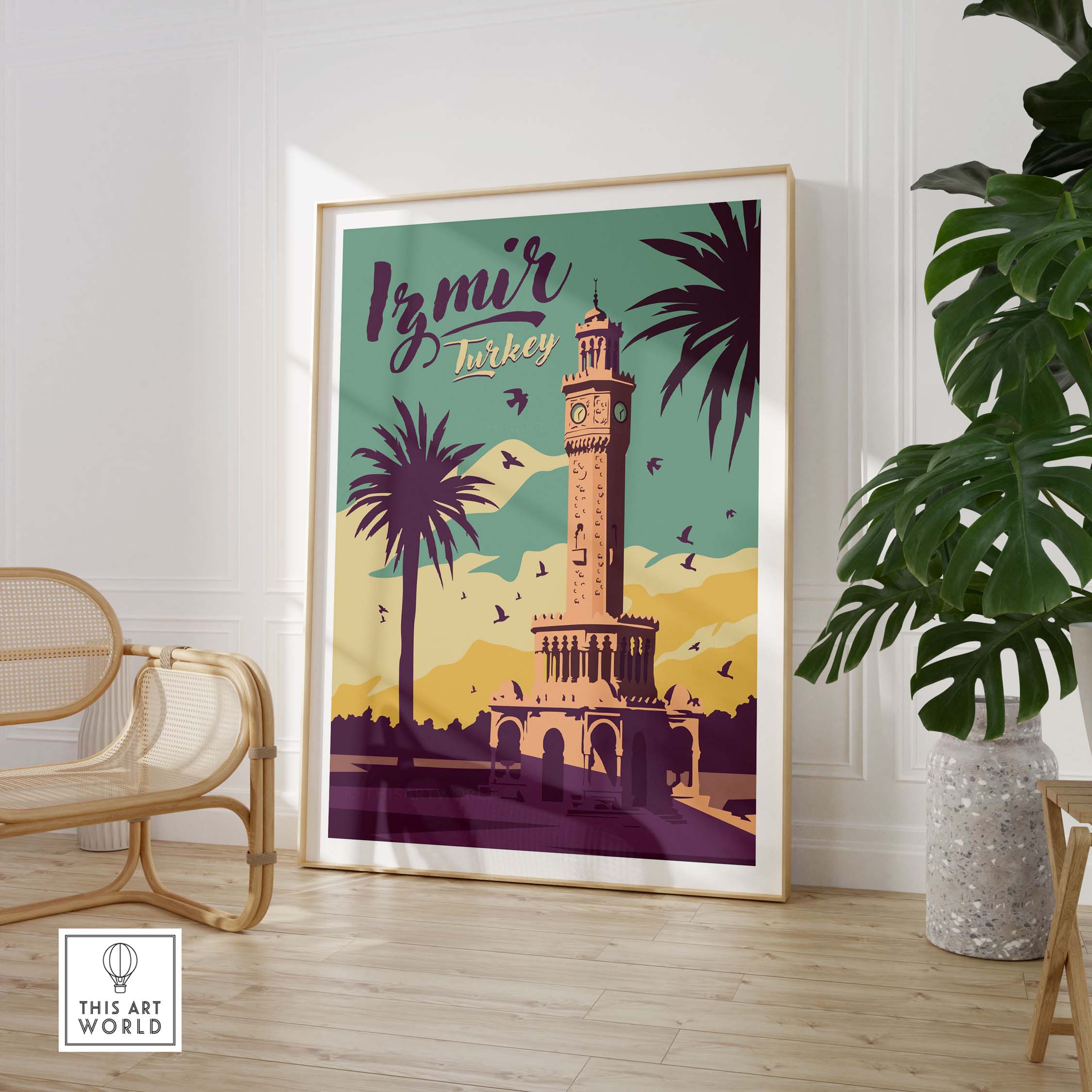 Izmir Print Turkey Travel Poster framed in modern decor, showcasing a vintage inspired design with palm trees and clock tower.