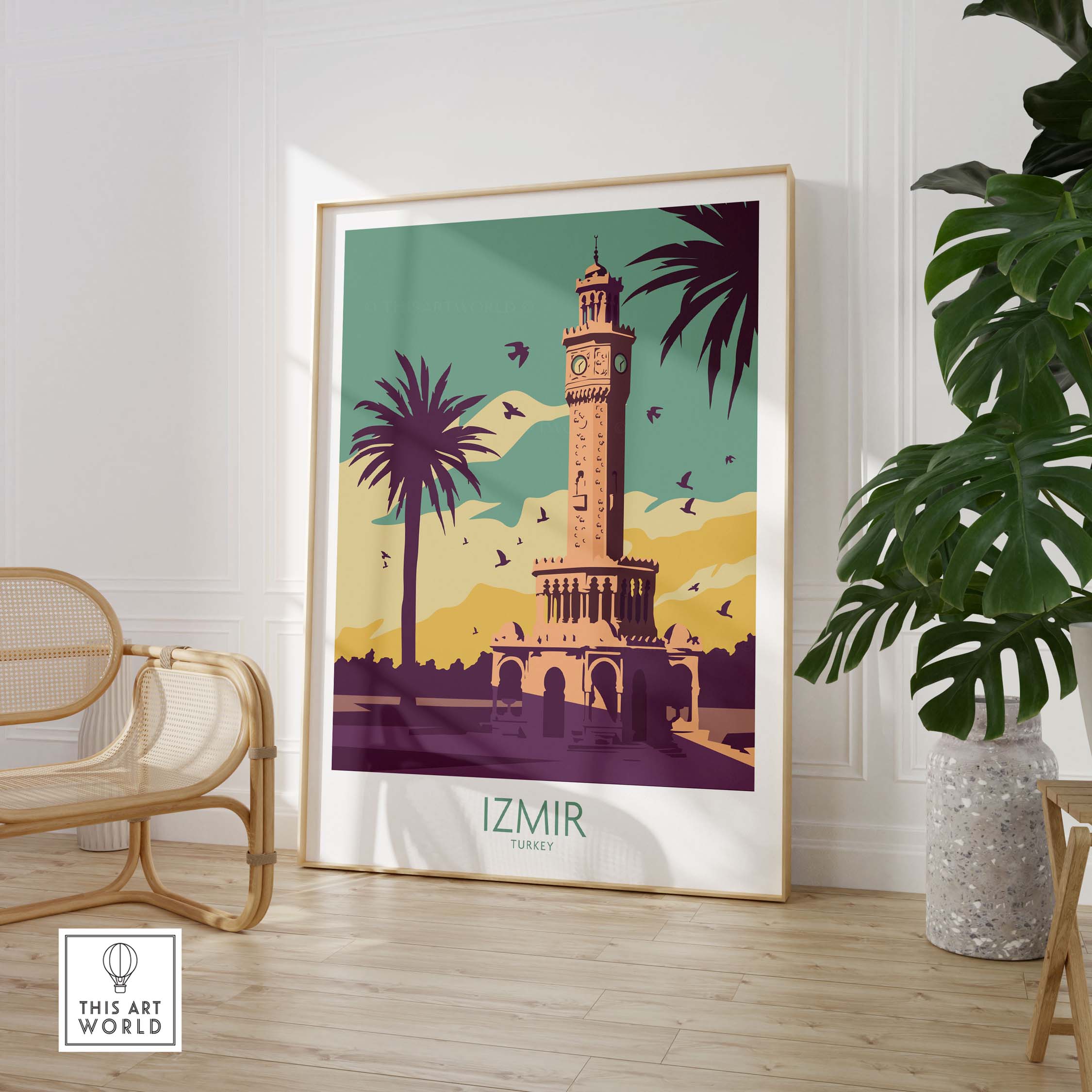 Izmir Poster Turkey Wall Art featuring clock tower and palm trees, perfect for adding vintage charm to home decor.