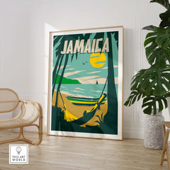 Jamaica Print Beach Poster featuring a vibrant landscape with palm trees and a boat, perfect for home or office decor.
