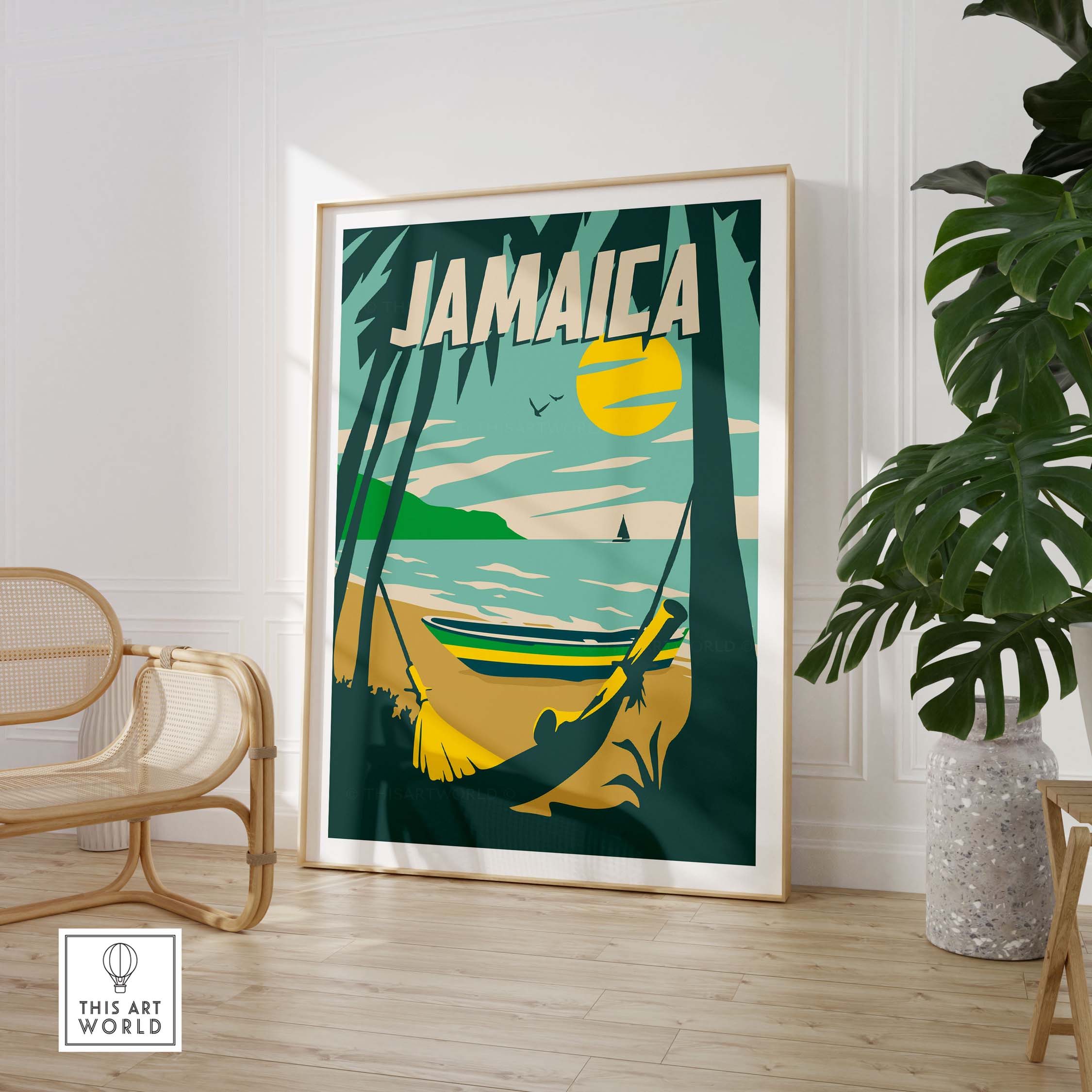 Jamaica Print Beach Poster featuring a vibrant landscape with palm trees and a boat, perfect for home or office decor.