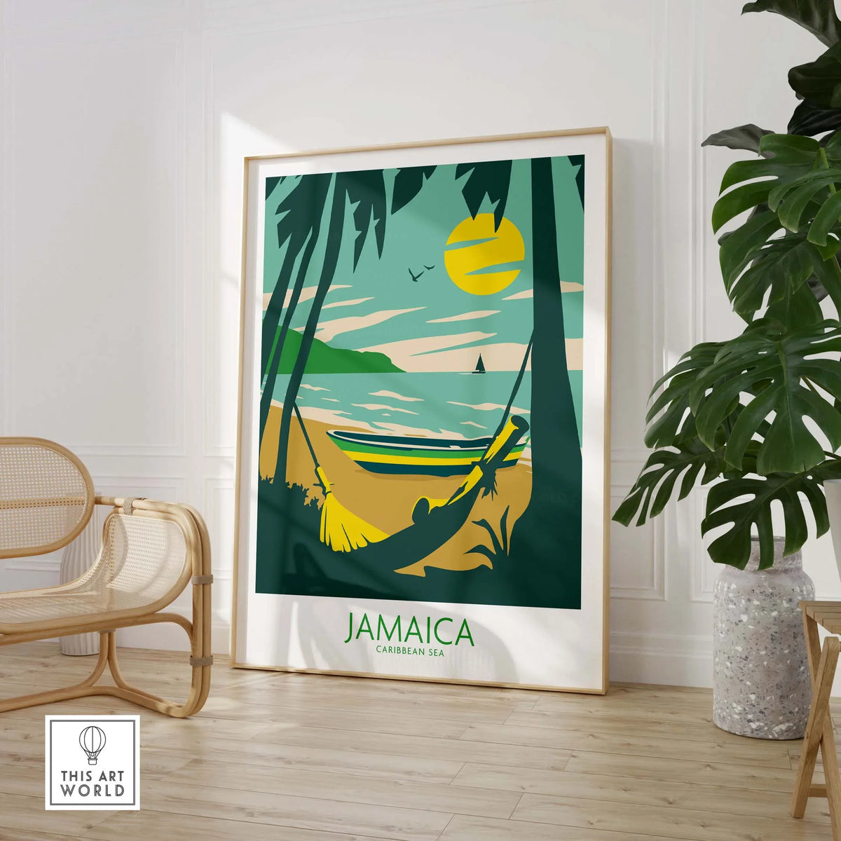 Retro Jamaica poster featuring Caribbean sea and tropical scenery, perfect for stylish home or office decor.