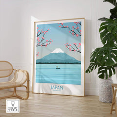 Japan Print Mount Fuji Poster artwork featuring cherry blossoms and a serene lake scene, perfect for home decor.
