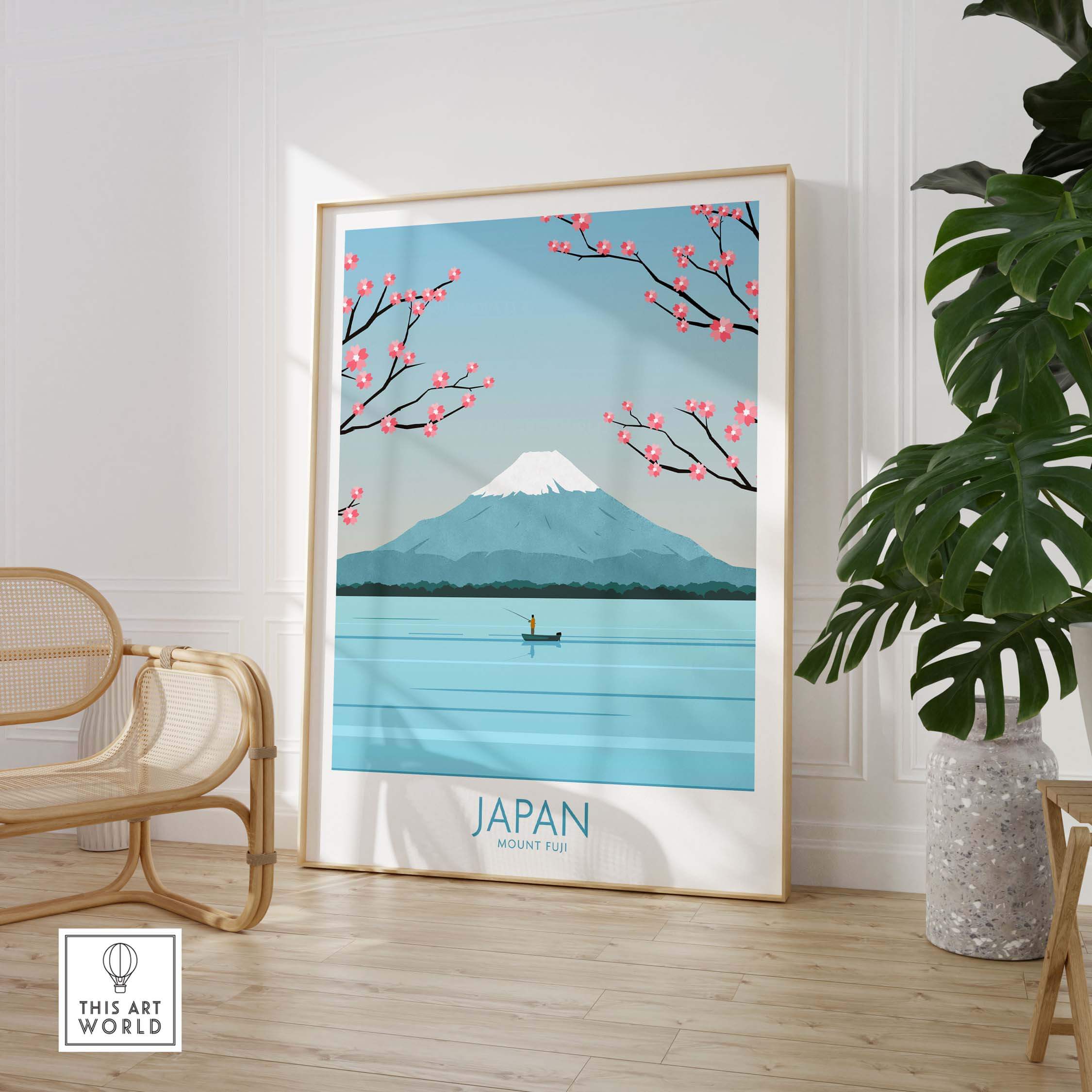 Japan Print Mount Fuji Poster artwork featuring cherry blossoms and a serene lake scene, perfect for home decor.