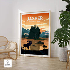 Jasper National Park poster featuring a serene landscape with a moose, framed in a stylish interior setting.
