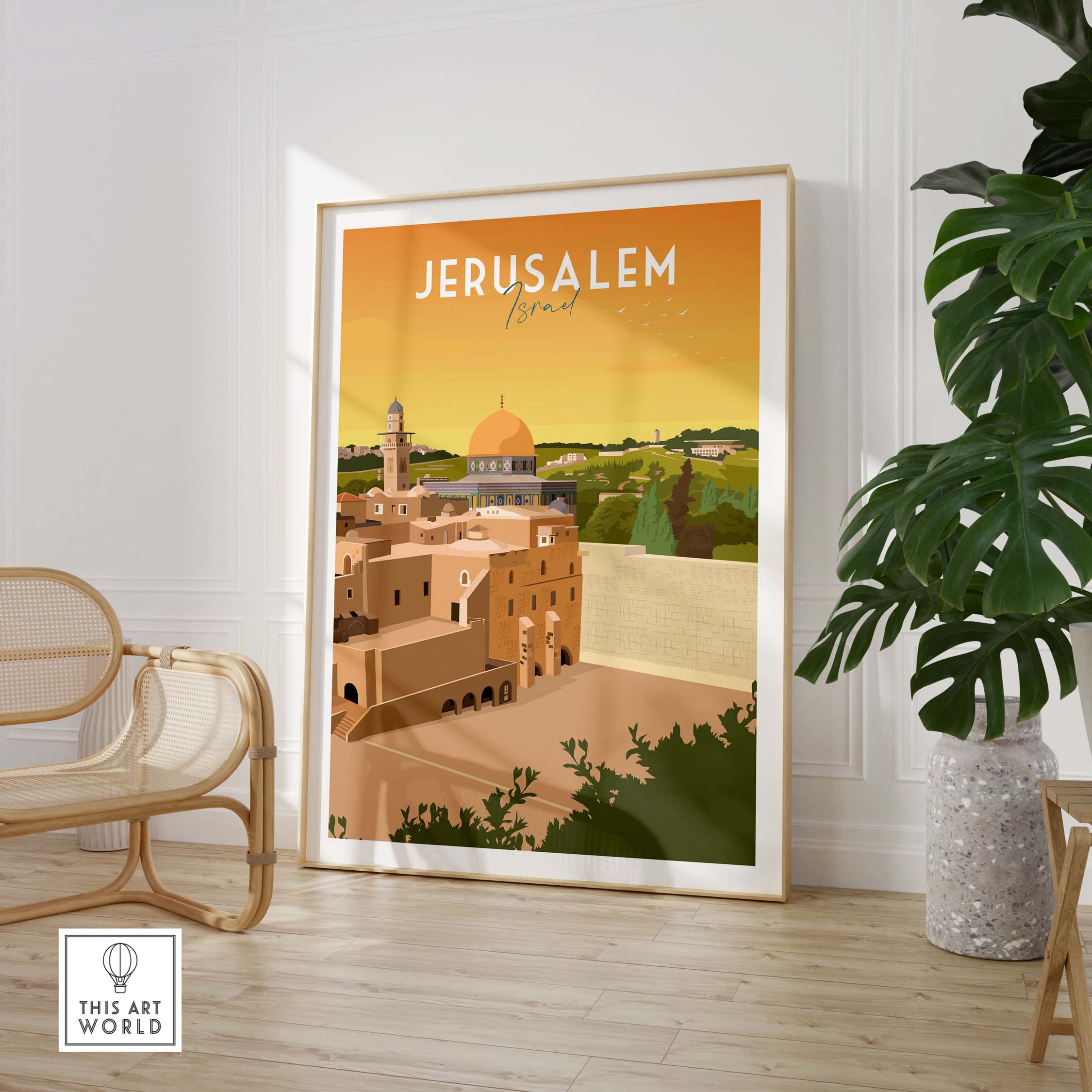 Jerusalem Print, vintage travel poster showcasing the city's iconic skyline and warm sunset hues in a stylish frame.