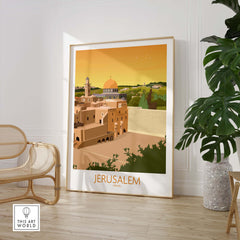 Jerusalem Wall Art Poster featuring a stylized sunset view of the city in a minimalist frame.