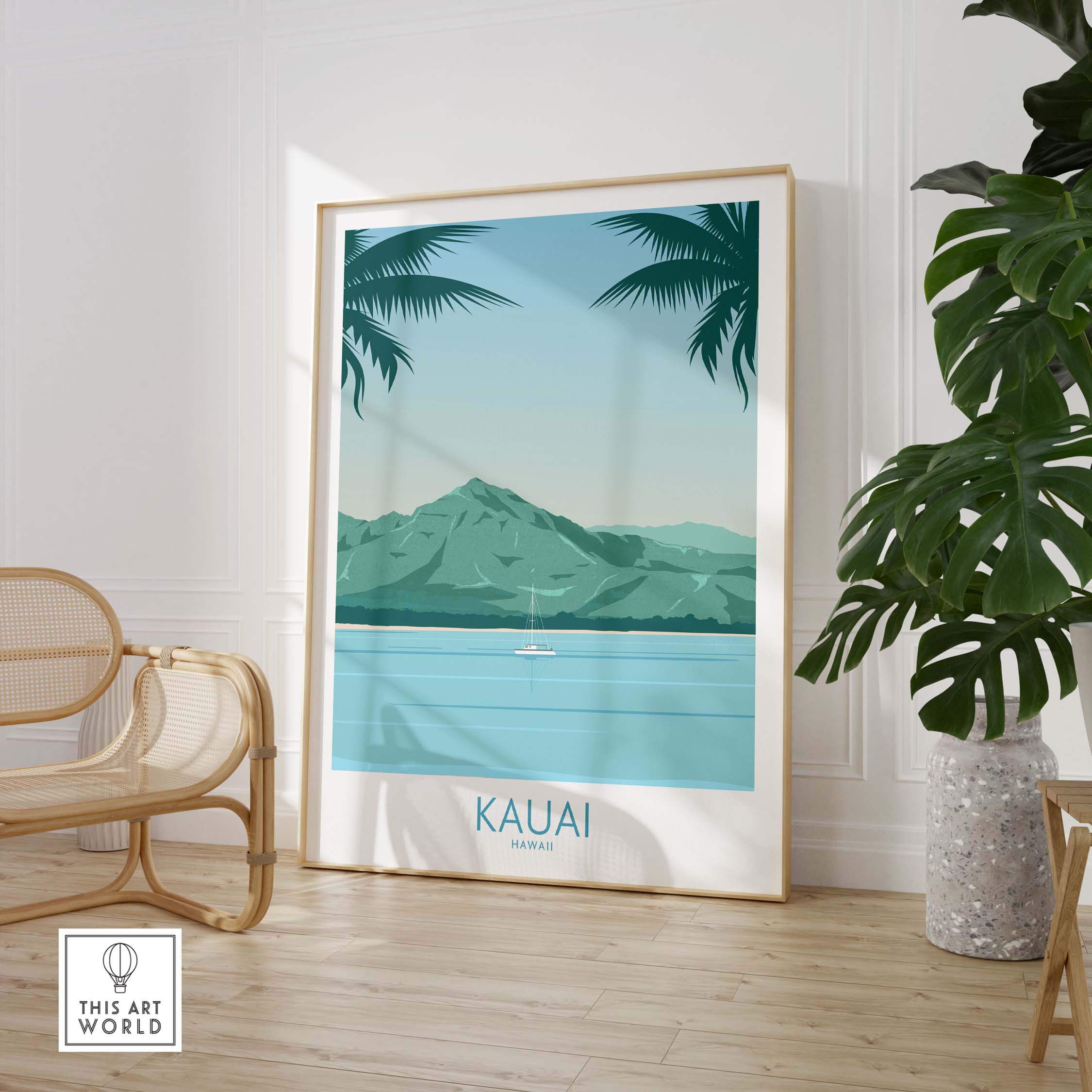 Kauai Print Hawaii Island Beach Poster featuring palm trees, mountains, and ocean, perfect for home or office decor.