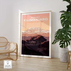 Kilimanjaro print wall art poster in a modern living room setting, showcasing vintage travel vibes.