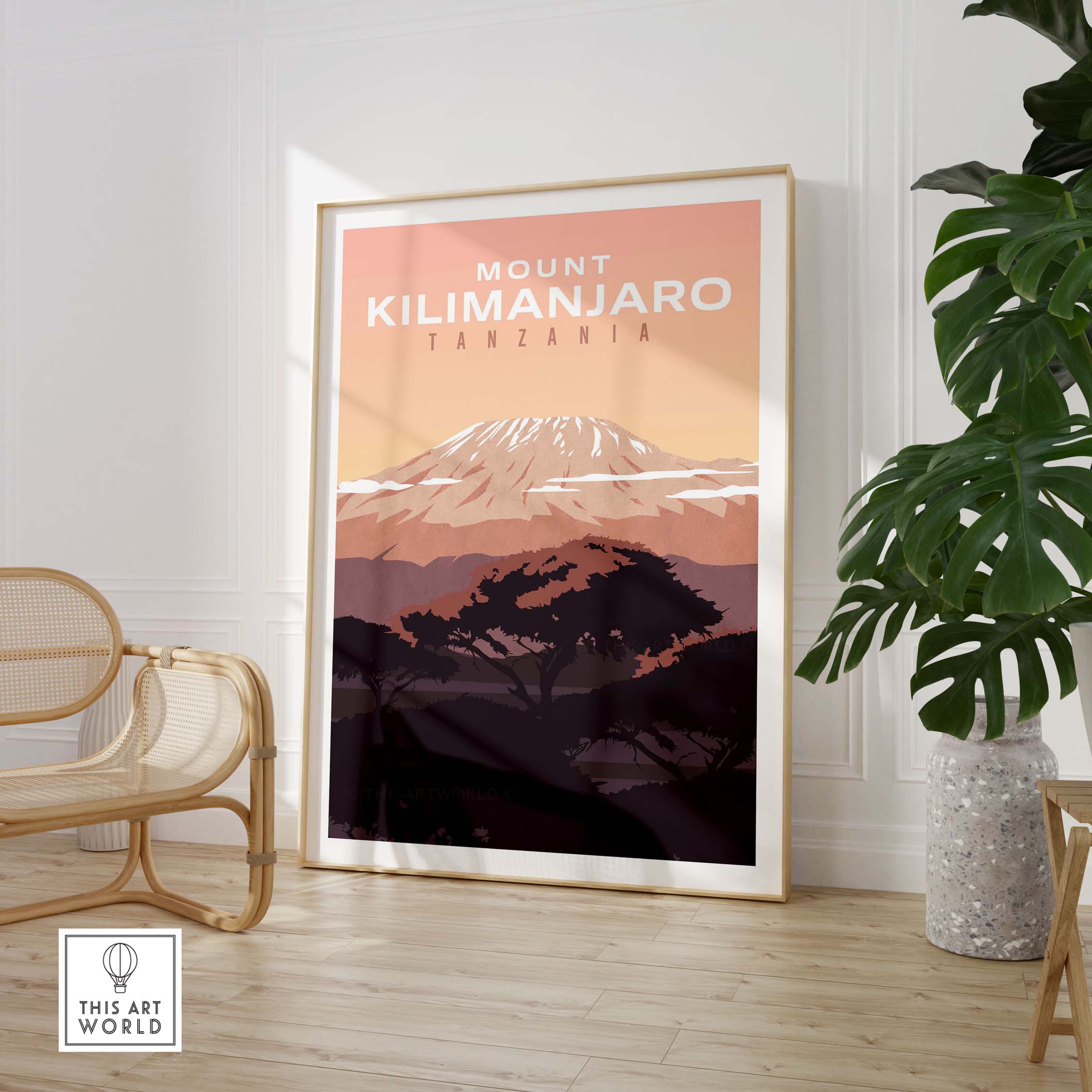 Kilimanjaro print wall art poster in a modern living room setting, showcasing vintage travel vibes.
