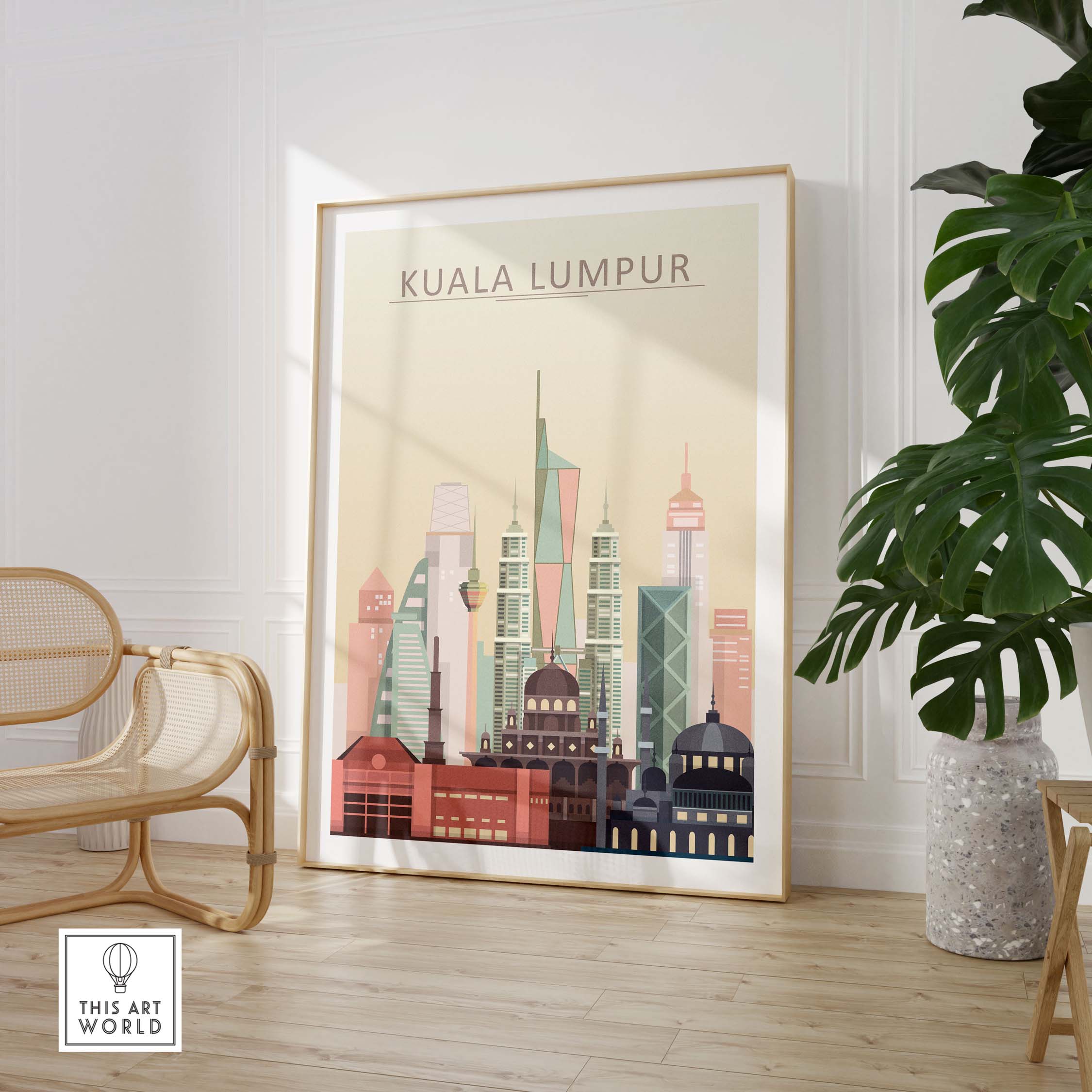 Kuala Lumpur skyline wall art print featuring iconic architecture in warm pastel tones, framed and ready for display.