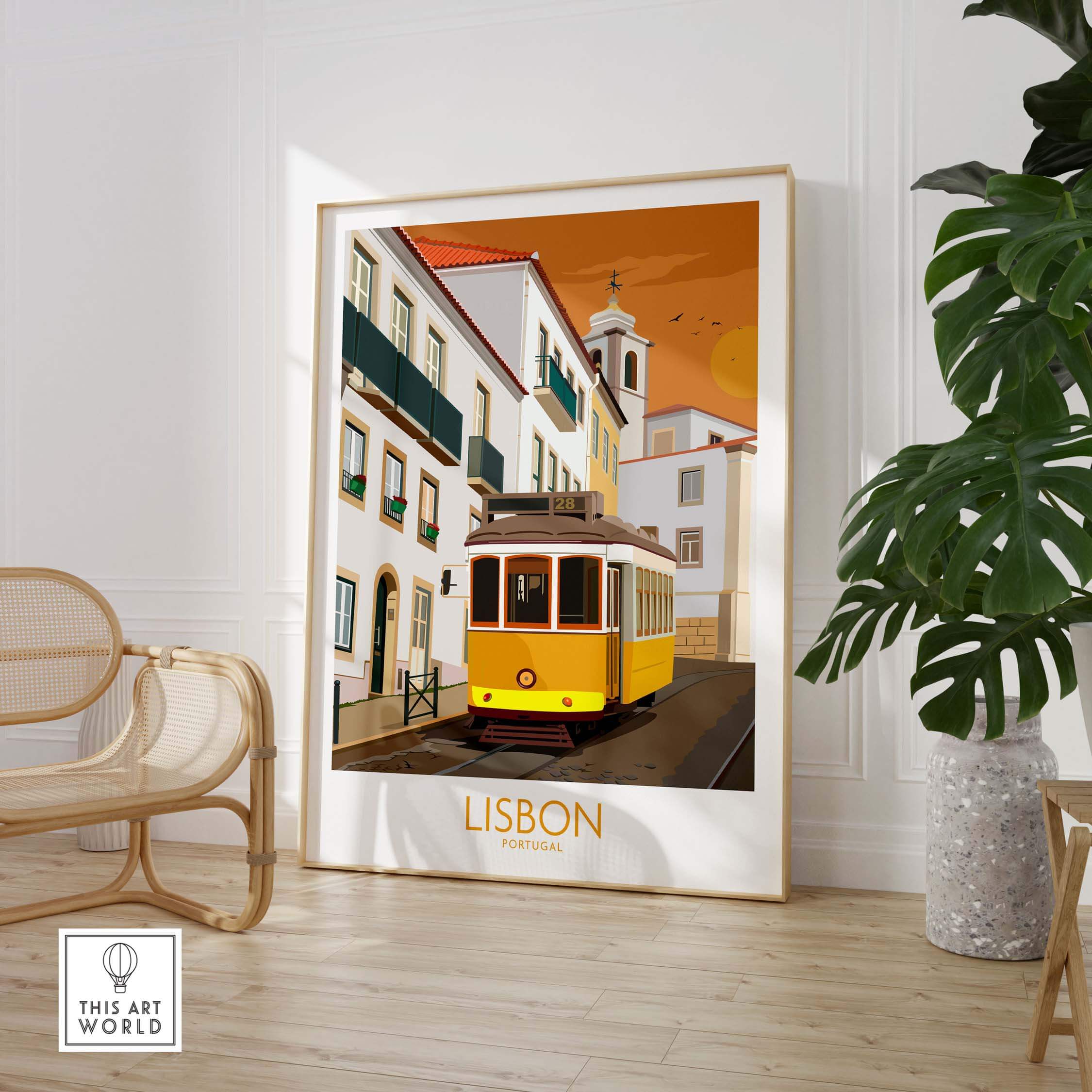 Lisbon Poster featuring vintage tram in Portugal, perfect wall art for travel enthusiasts.