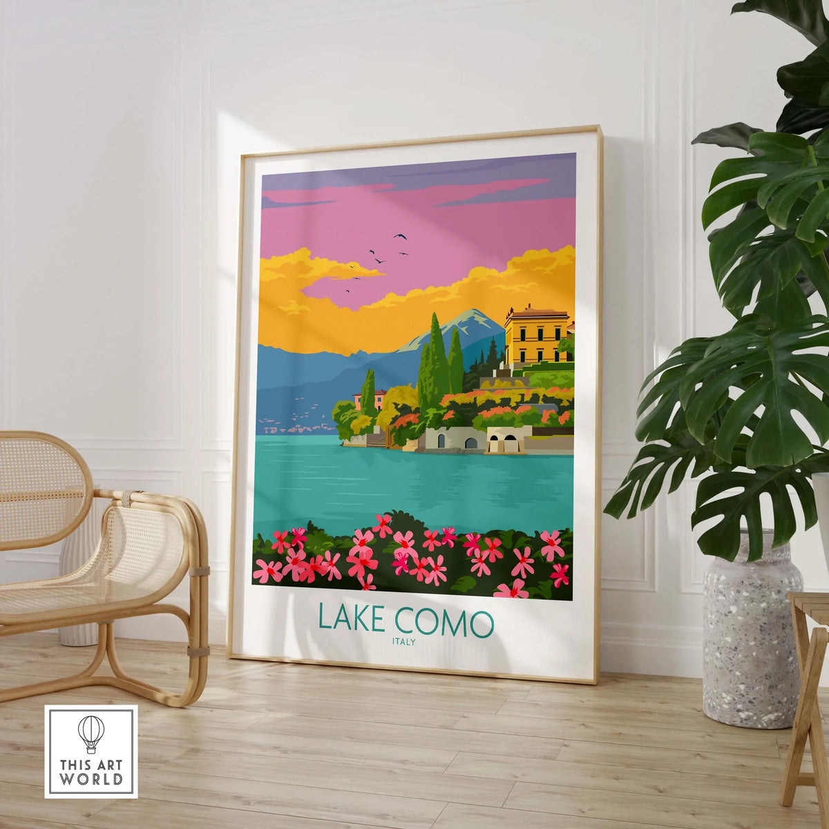Lake Como Italy poster featuring a colorful landscape with vintage style, framed in a stylish interior setting.