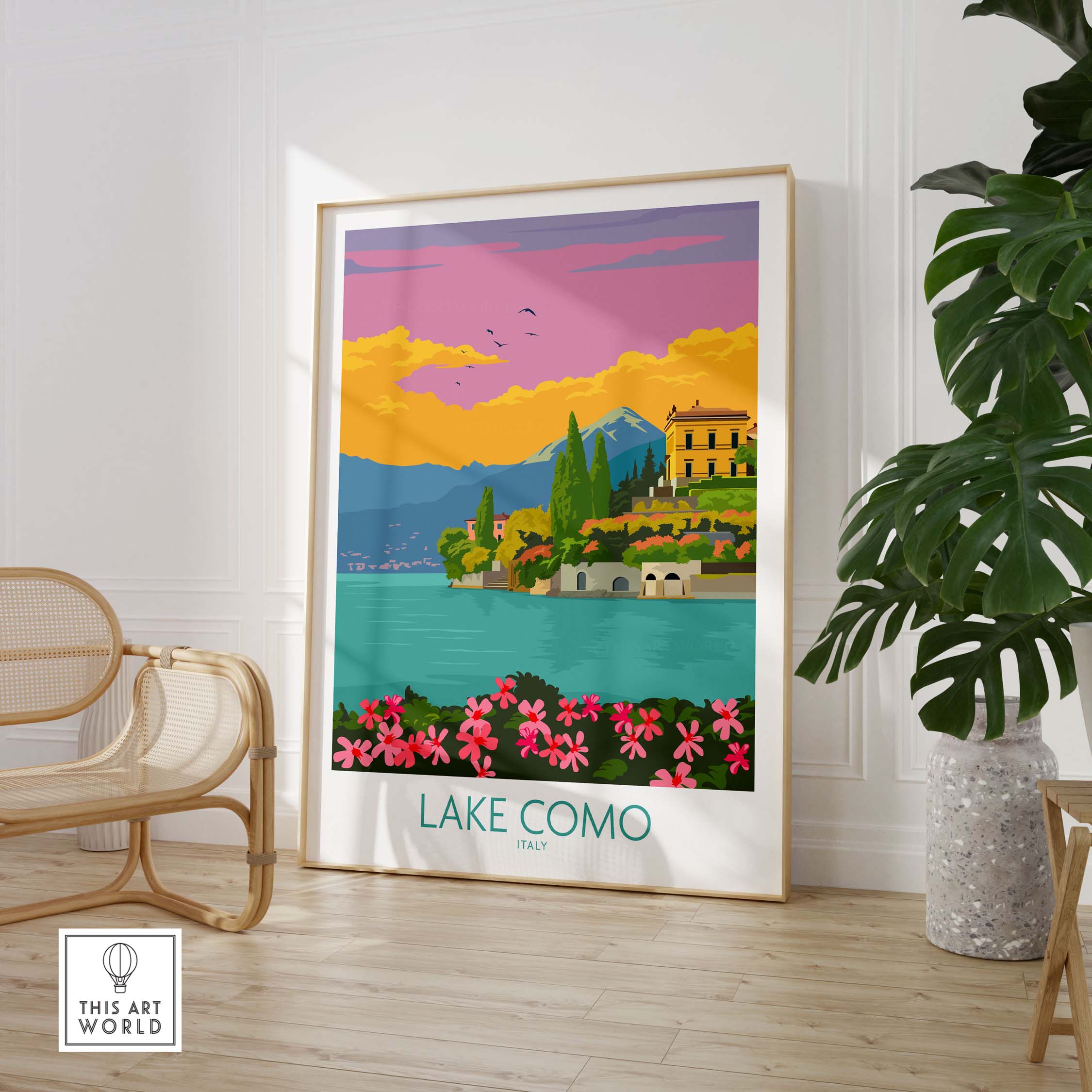 Lake Como Italy poster featuring a colorful landscape with vintage style, framed in a stylish interior setting.