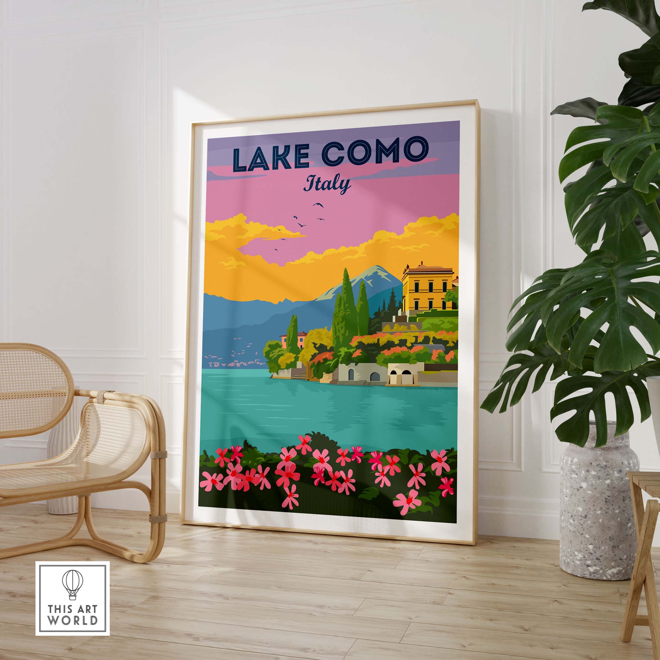 Lake Como Italy wall art featuring a vintage travel poster with vibrant colors and floral accents.