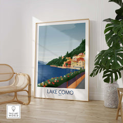 Lake Como wall art print featuring beautiful lakeside scenery in Italy, framed and styled in a modern home setting.