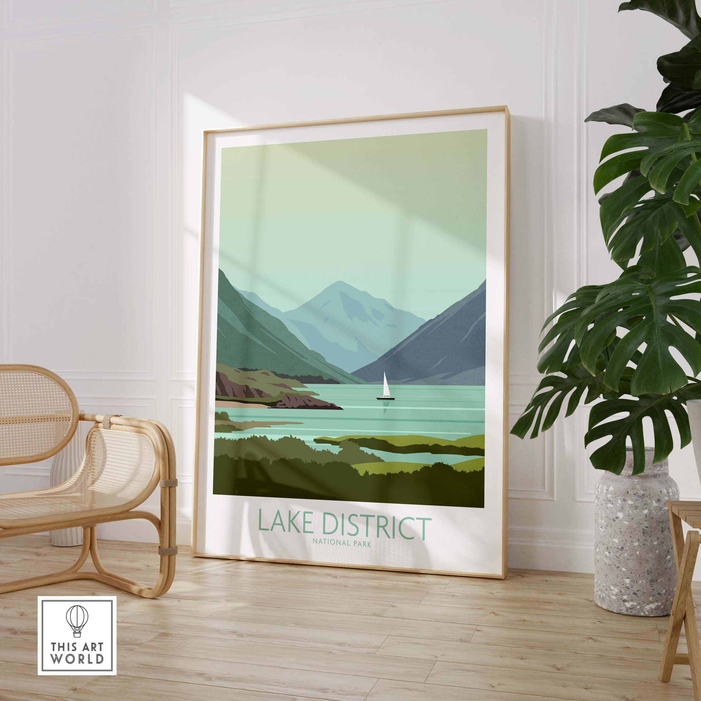 Lake District poster print showcasing serene landscapes and nostalgic travel vibes, ideal for home or office decor.