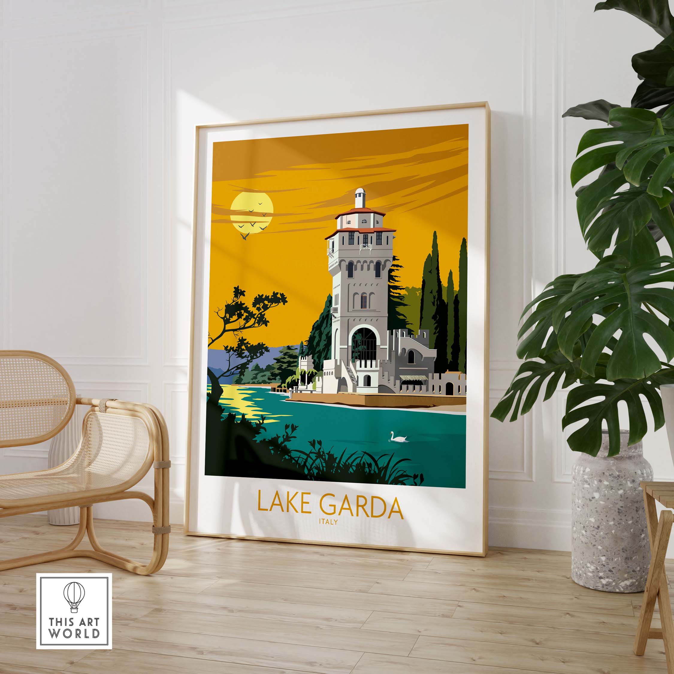 Lake Garda Italy poster print featuring a scenic tower by the lake with vibrant yellow skies and lush greenery.