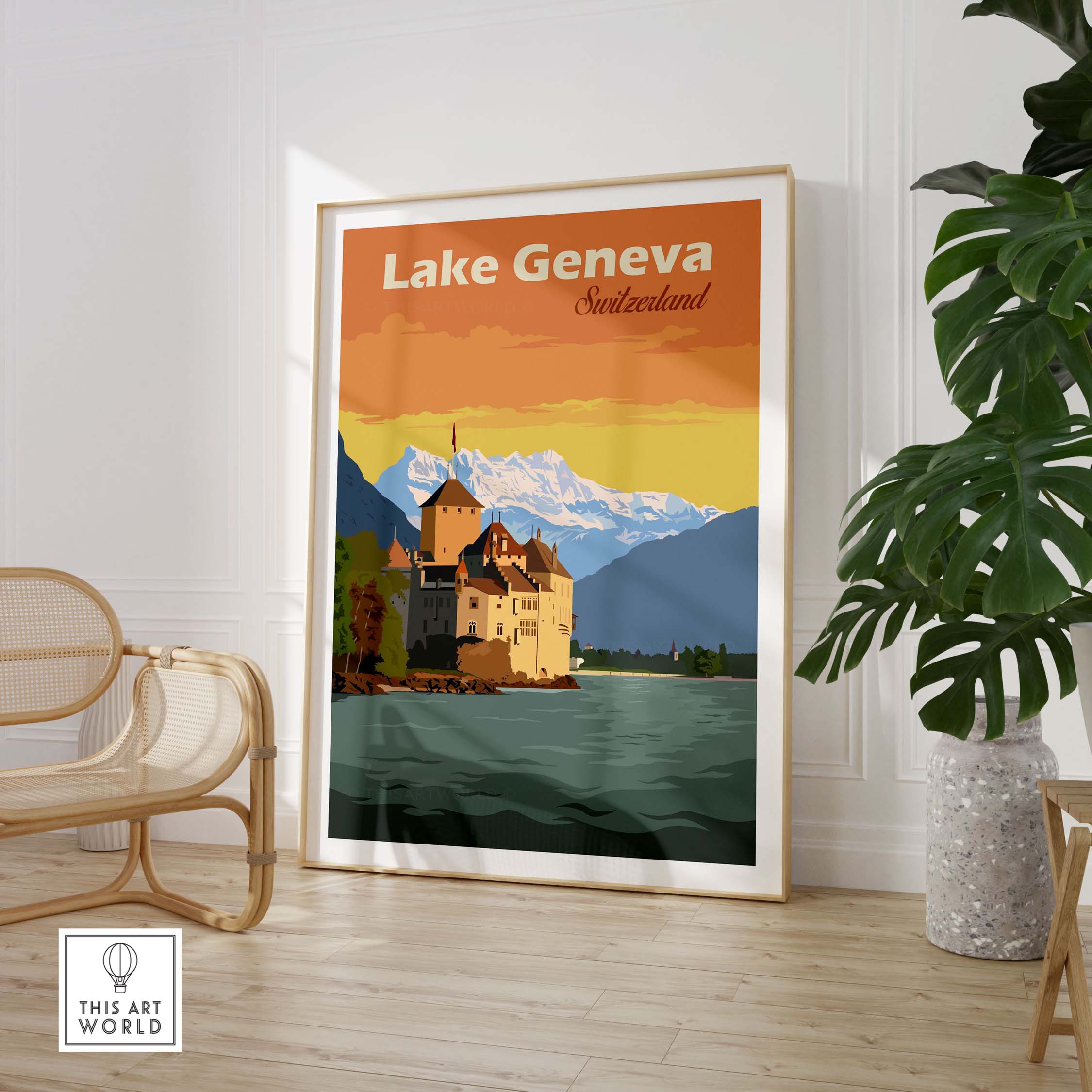Vintage Lake Geneva poster print showcasing Swiss landscape, framed in stylish interior decor.