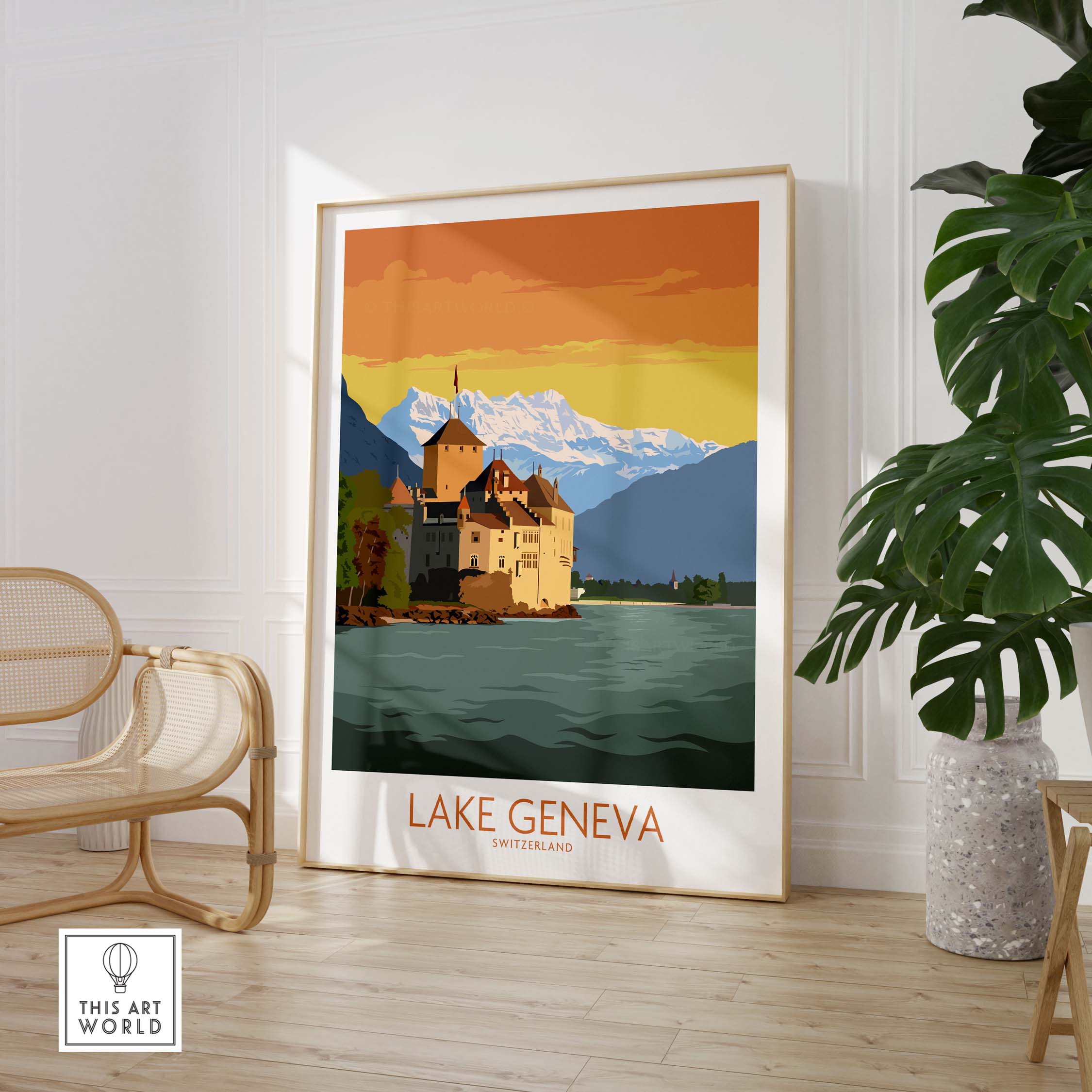 Lake Geneva art print featuring a castle and mountains in a stylish living room setting.