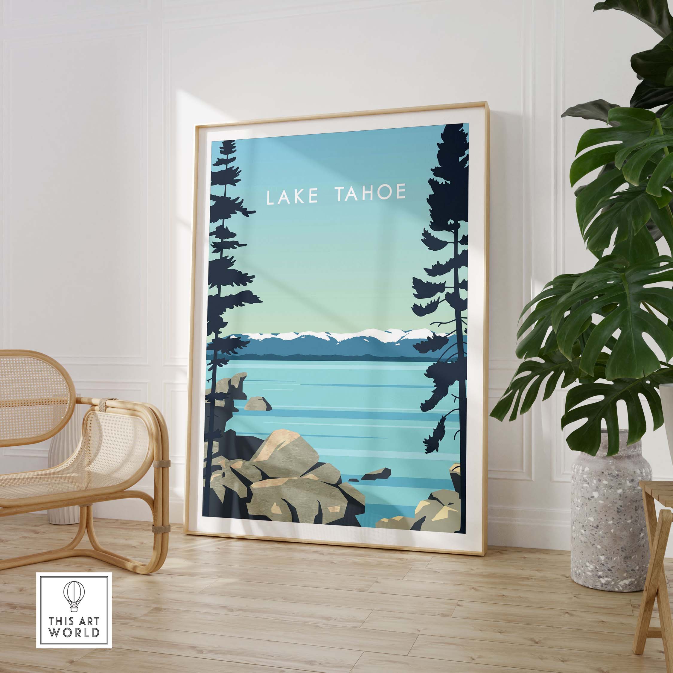 Lake Tahoe Print Wall Art Poster in stylish room decor with nature elements and framed artwork.