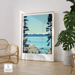 Lake Tahoe Print California in a stylish setting, featuring vintage-inspired travel art with serene lake and mountain view.
