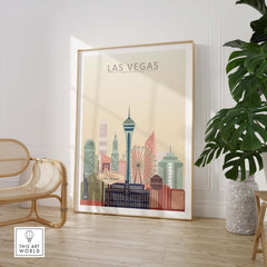 Las Vegas Skyline Poster showcasing iconic landmarks in warm pastel tones, perfect for stylish home or office decor.
