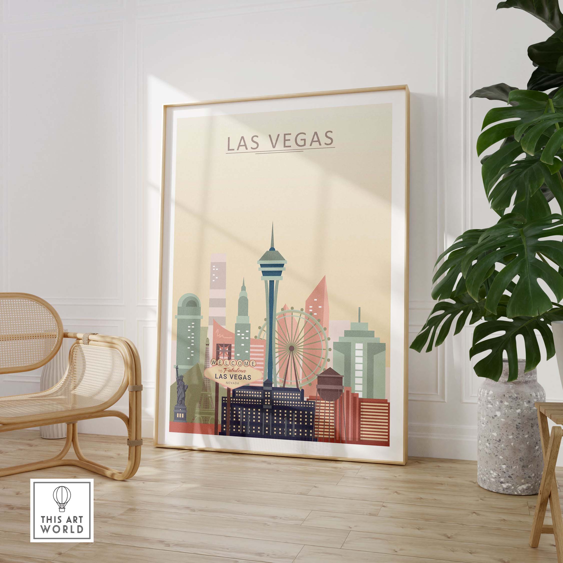 Las Vegas Skyline Poster showcasing iconic landmarks in warm pastel tones, perfect for stylish home or office decor.