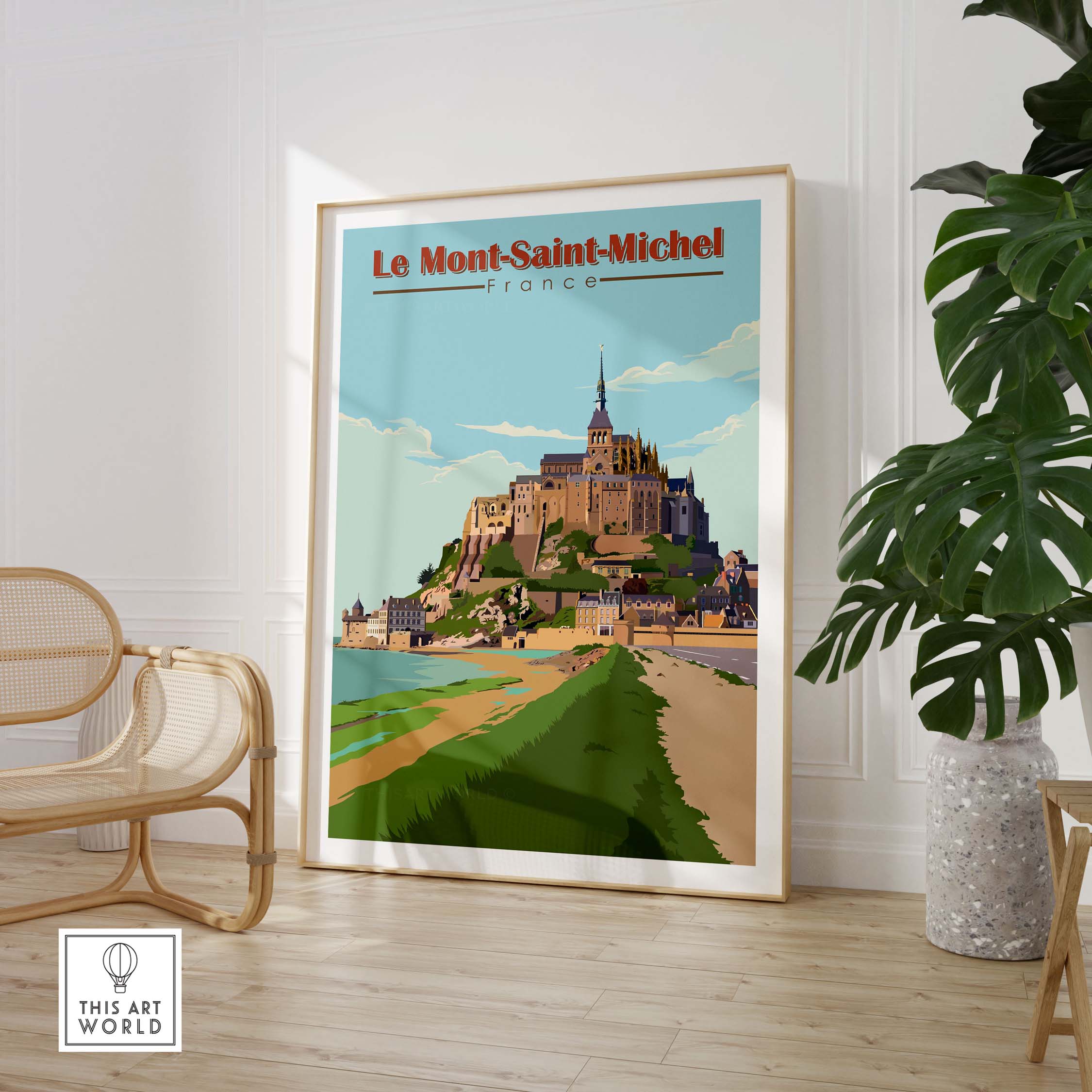 Le Mont Saint Michel poster print in a stylish room, showcasing vintage travel art inspired by France.