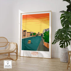 Leeds Print England Travel Poster showcasing a vibrant river scene, stylishly framed for home or office decor.