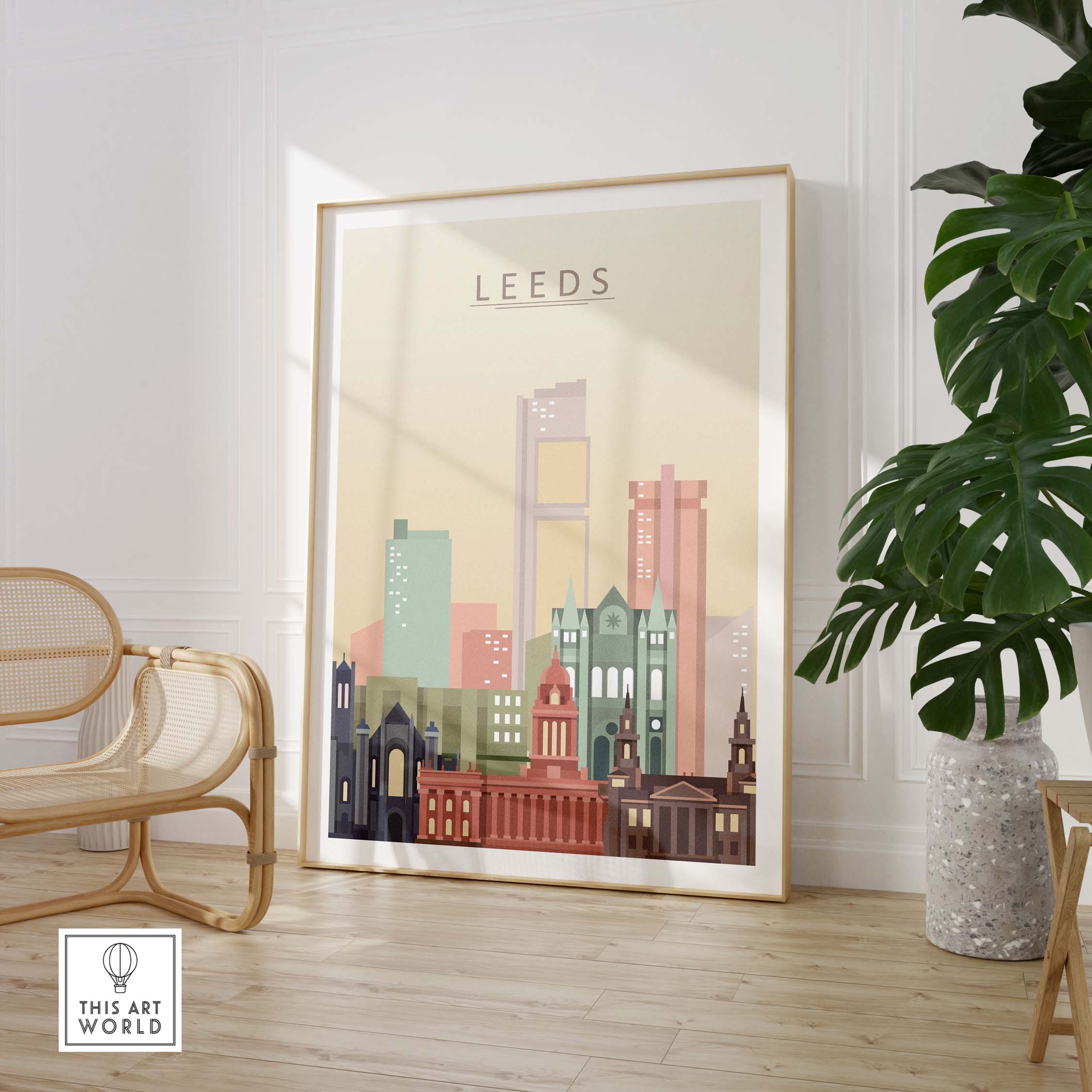 Leeds skyline wall art print in pastel colors, showcasing iconic buildings, framed in a stylish interior setting.