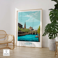 Leiden Poster Netherlands showcasing scenic canal view and historic architecture in stylish framed artwork.