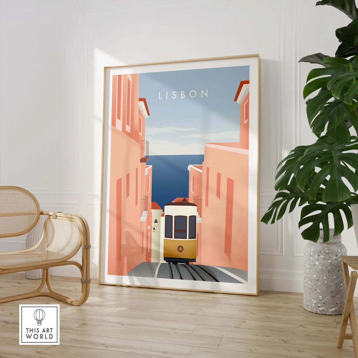 Lisbon wall art poster featuring a yellow tram in a charming pink street, perfect for travel lovers.