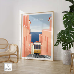 Lisbon wall art poster featuring a yellow tram in a charming pink street, perfect for travel lovers.