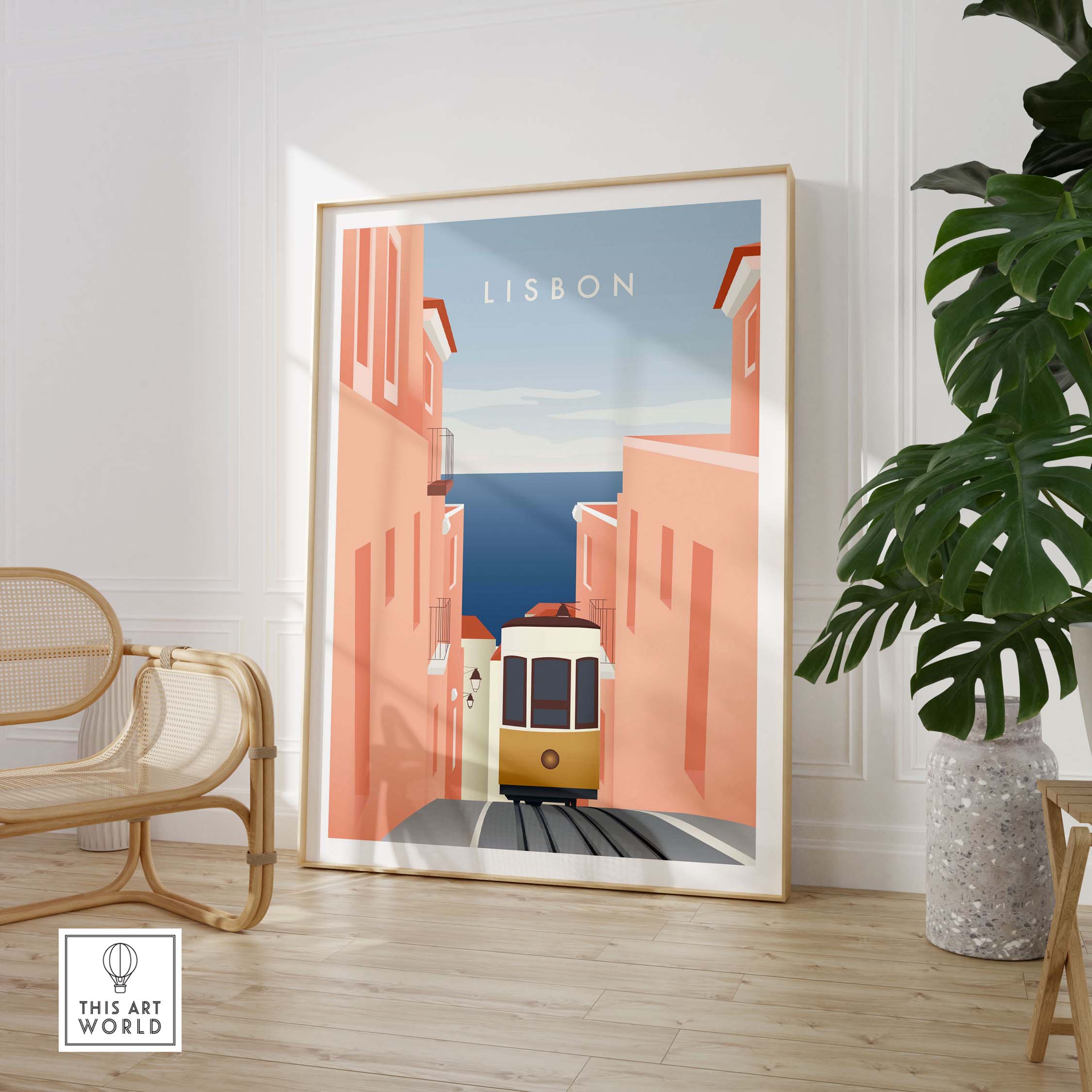 Lisbon wall art poster featuring a yellow tram in a charming pink street, perfect for travel lovers.