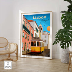 Lisbon travel poster print featuring a vintage yellow tram against a vibrant background, showcasing Portugal's charm.