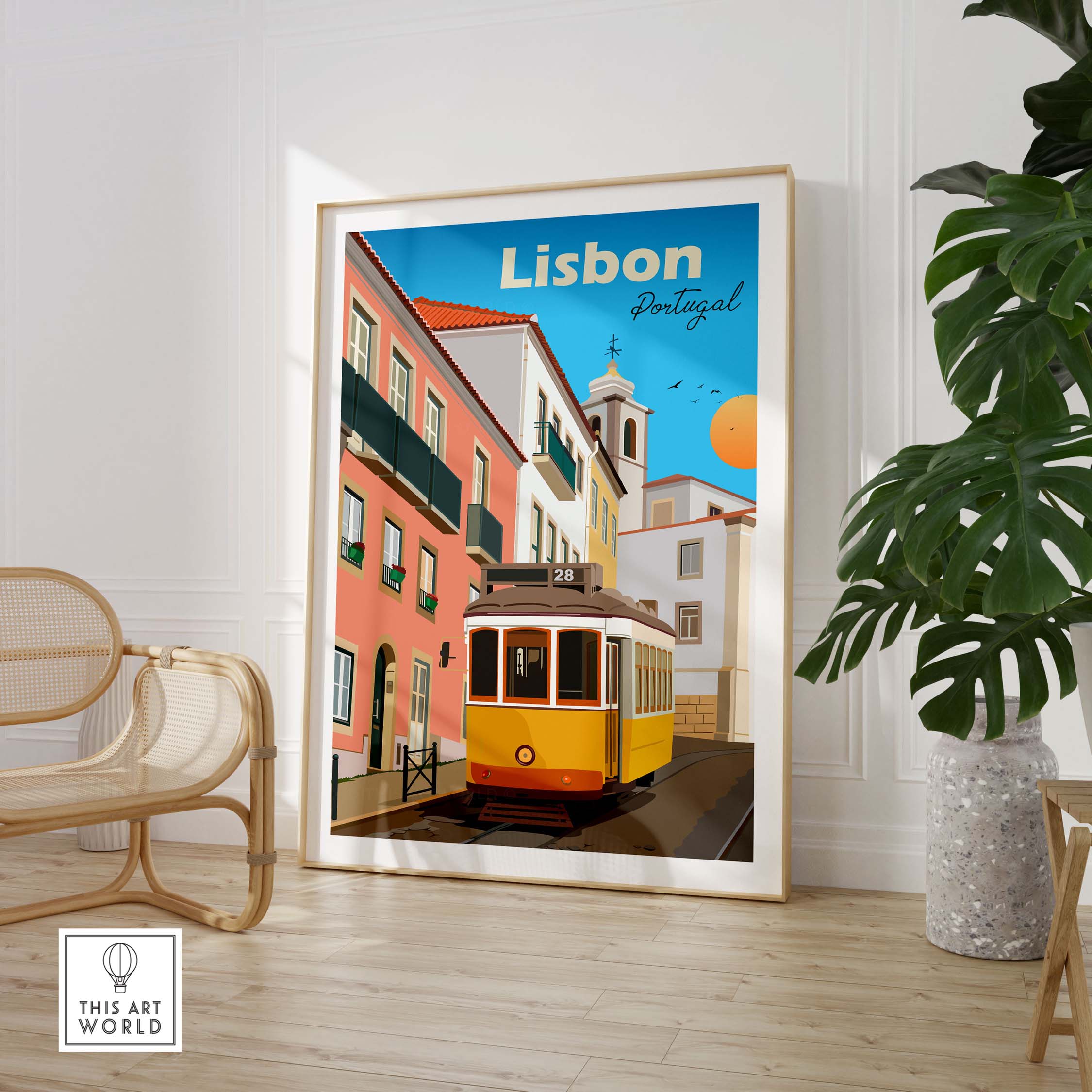 Lisbon travel poster print featuring a vintage yellow tram against a vibrant background, showcasing Portugal's charm.