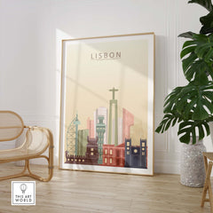 Lisbon skyline print wall art showcasing iconic buildings in pastel colors, perfect for stylish home decor.