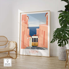 Lisbon Wall Art Poster Print featuring a vintage tram in a colorful street setting, ideal for home decor.