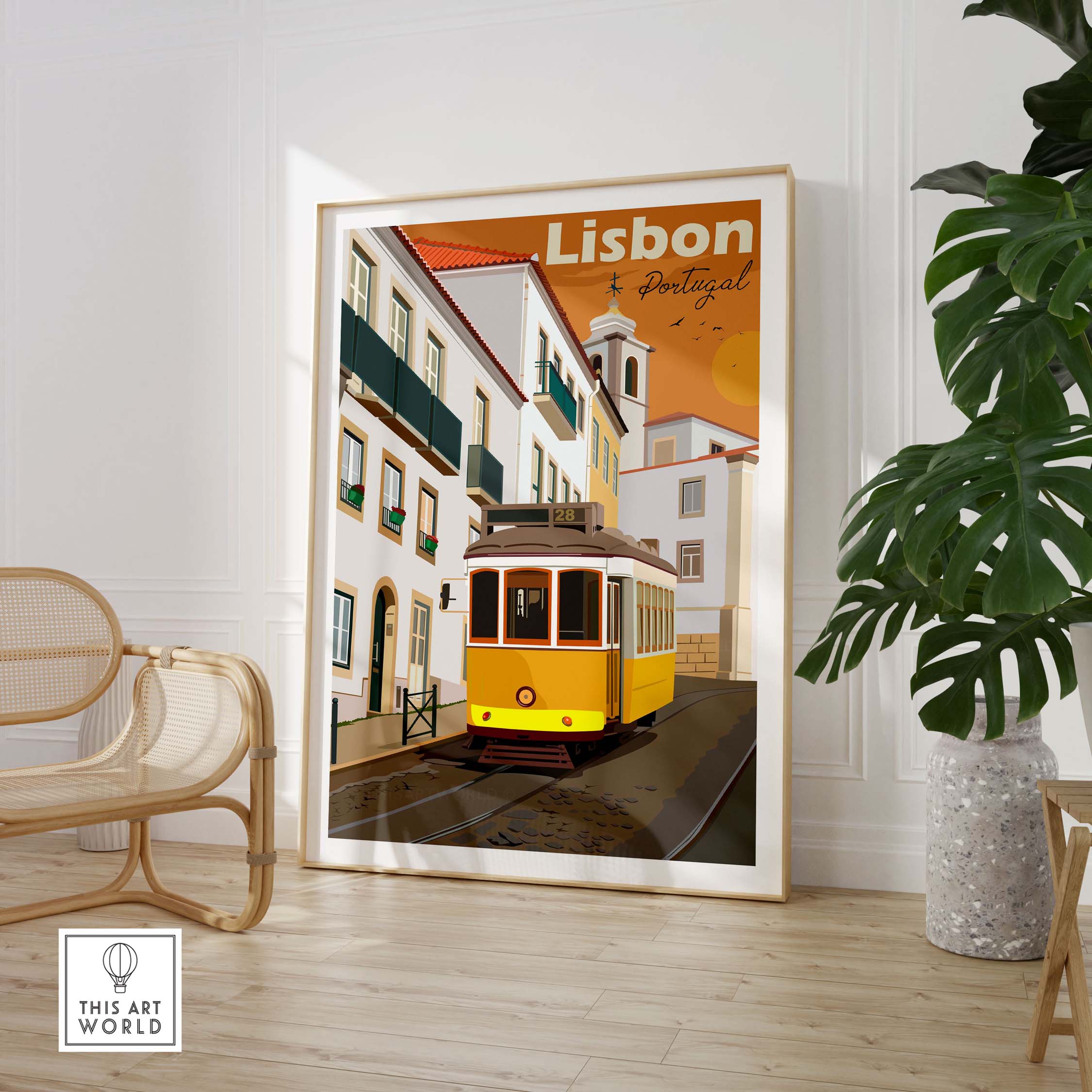 Vintage Lisbon Print Poster featuring iconic yellow tram in a stylish interior setting.