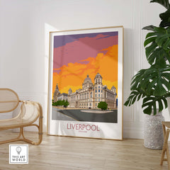 Vibrant Liverpool Print showcasing iconic architecture and sunset colors, perfect for home decor and UK travel inspiration.