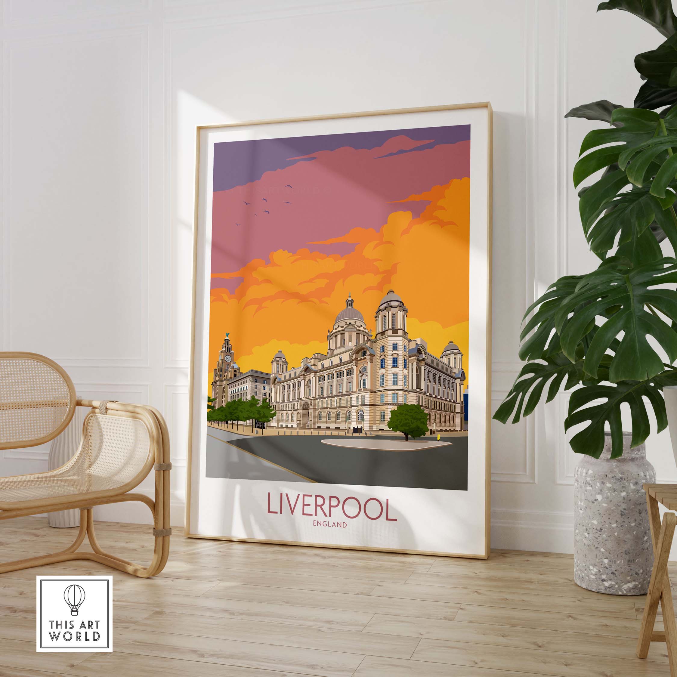 Vibrant Liverpool Print showcasing iconic architecture and sunset colors, perfect for home decor and UK travel inspiration.