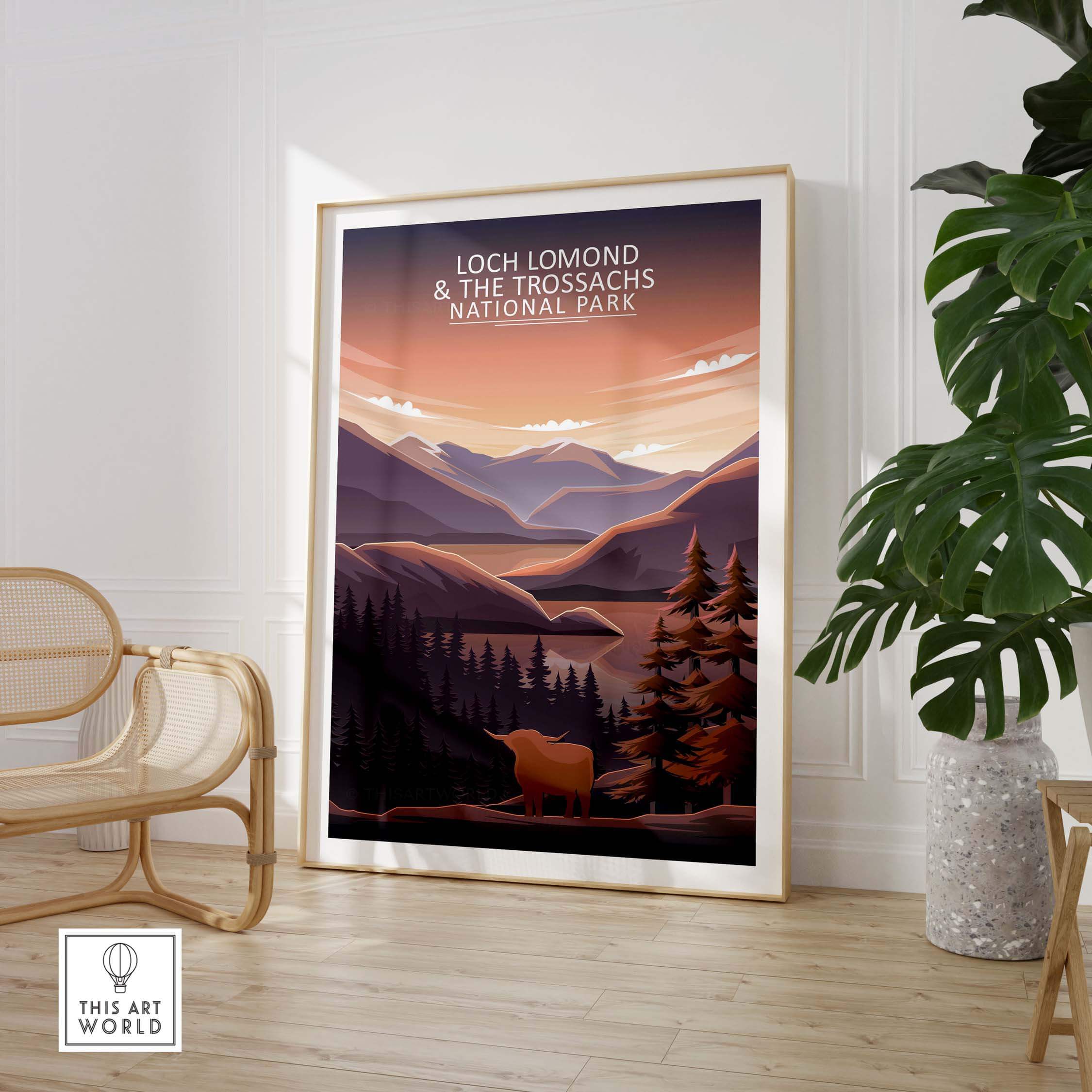 Loch Lomond and The Trossachs National Park poster in a stylish room with modern decor.