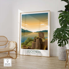 Loch Ness Scotland travel poster featuring vintage-inspired artwork and scenic landscape.