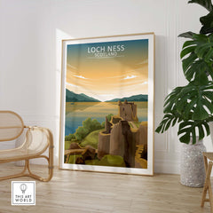 Loch Ness Wall Art Scotland Print featuring a picturesque landscape with vintage poster style design.