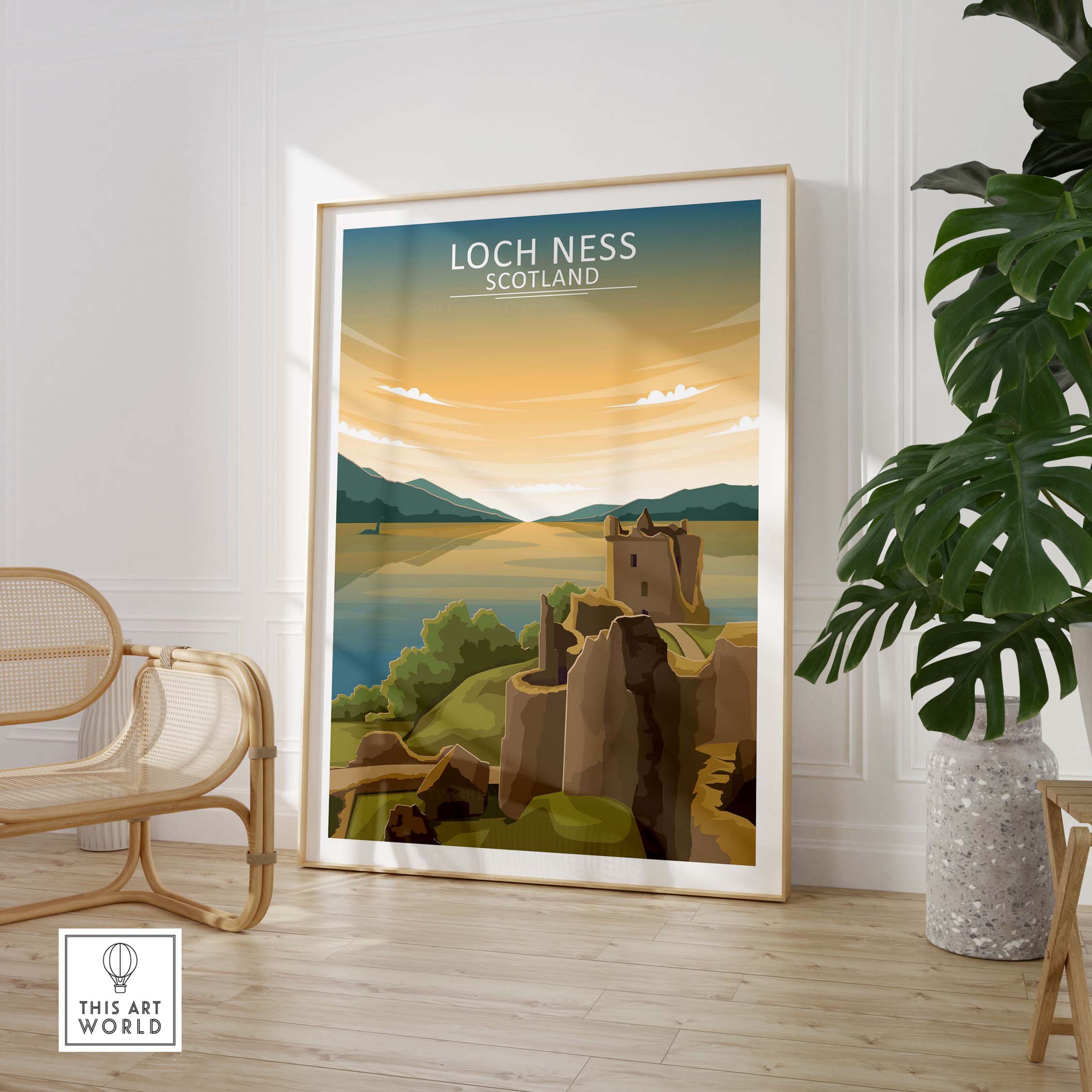 Loch Ness Wall Art Scotland Print featuring a picturesque landscape with vintage poster style design.