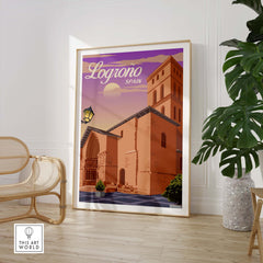Framed Logrono Spain travel print with vintage style artwork and warm sunset colors, perfect for home decor.