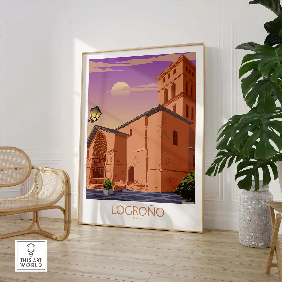 Vintage Logrono Spain poster featuring a beautiful architectural scene in warm hues, perfect for travel enthusiasts.