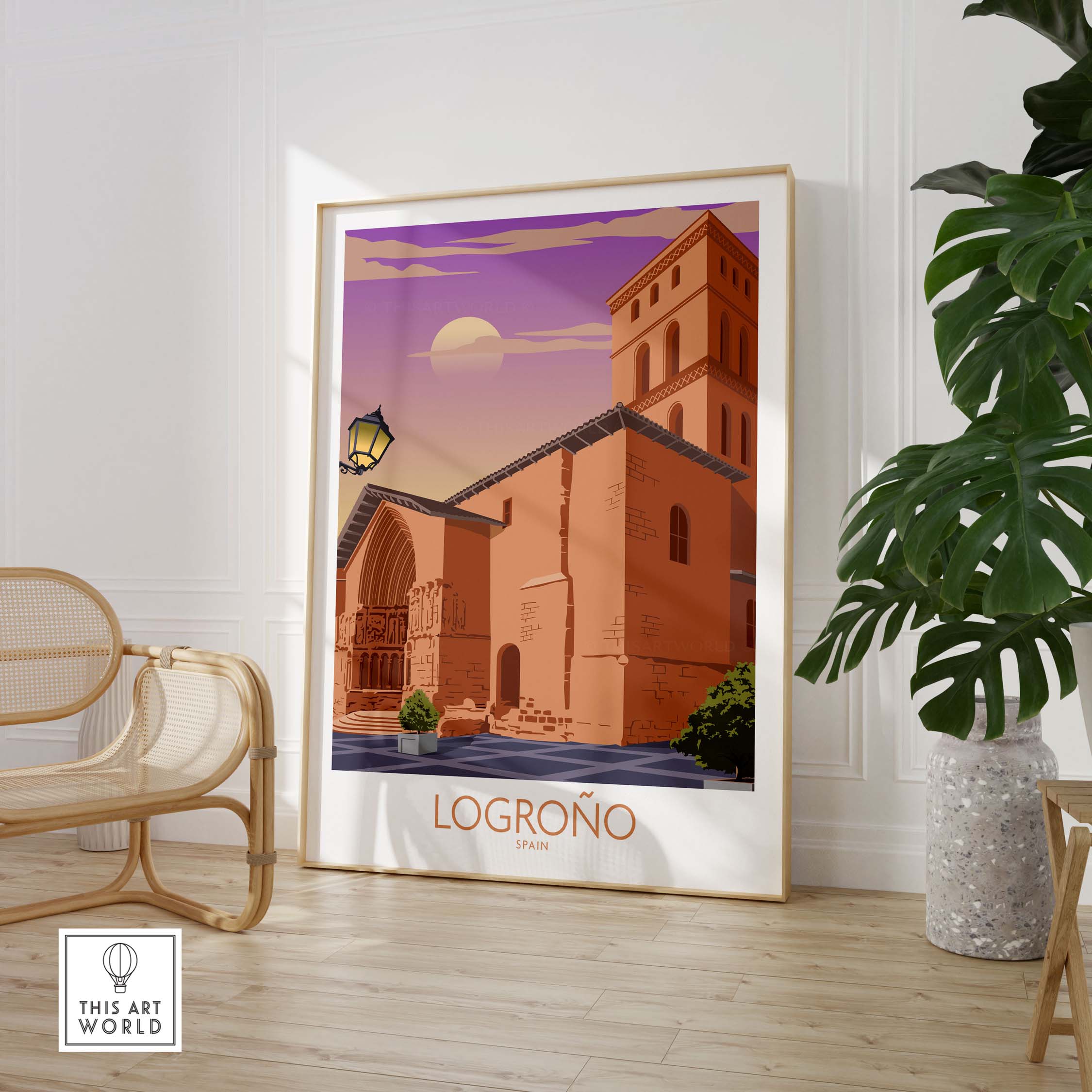 Vintage Logrono Spain poster featuring a beautiful architectural scene in warm hues, perfect for travel enthusiasts.