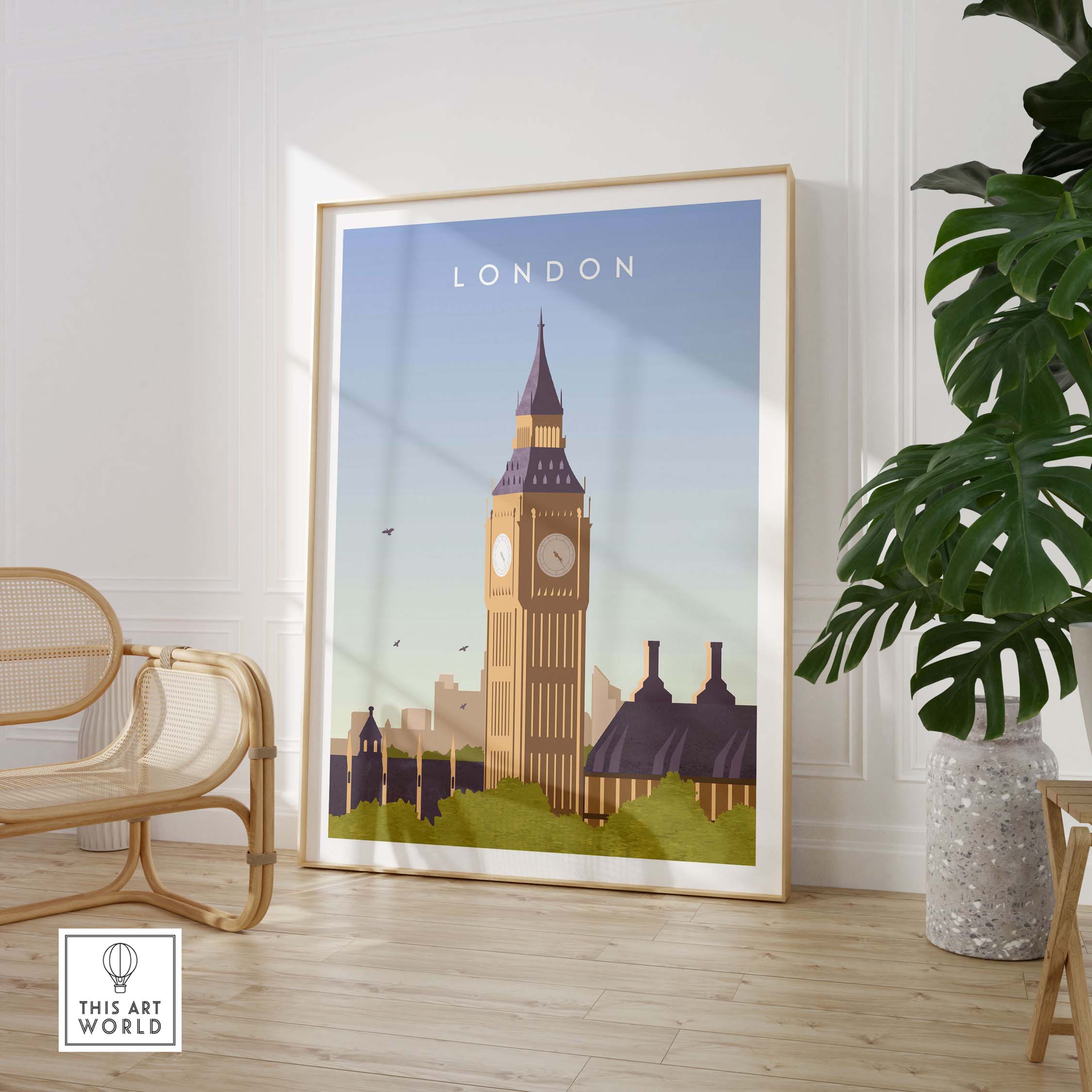London Print Wall Art Poster featuring Big Ben in a stylish interior setting, perfect for home decor.