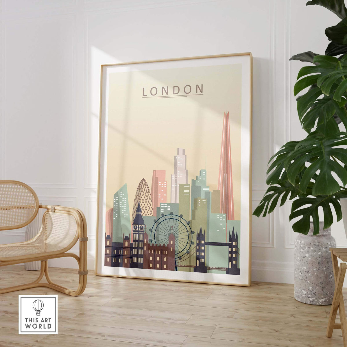 London skyline print wall art in pastel tones featuring iconic landmarks like Big Ben and The Shard.